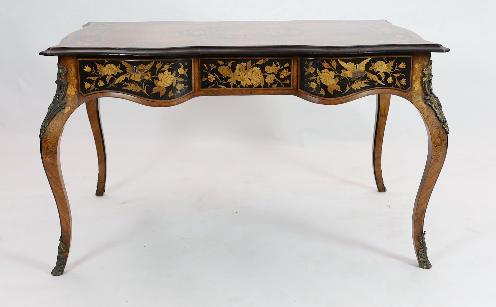 A 19th century Dutch floral marquetry bureau plat, width 126cm, depth 80cm, height 75cm